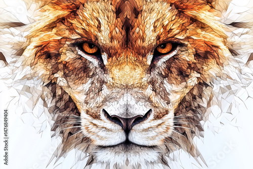 close up of a lion's face with a yellowish orange color. The lion has a fierce look on its face