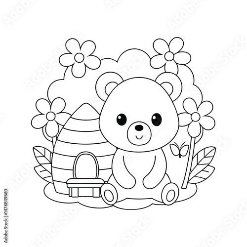 Little Bear Eating Honey Near a Beehive coloring pages