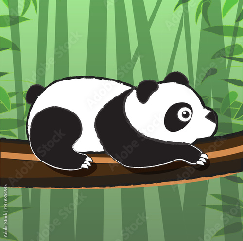 Vector picture with a cartoon panda. The bear is lying on a tree branch. Cute illustration, child's drawing, hand-drawn.
