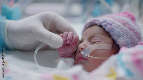 Newborn infant receiving care in a neonatal intensive care unit with gentle touch from a healthcare professional