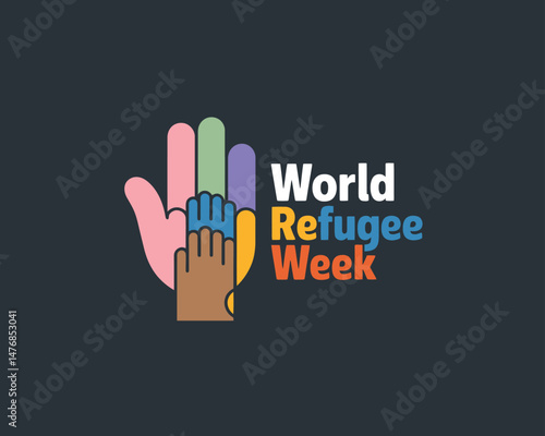 World Refugee Week designed with diverse colorful raised hands