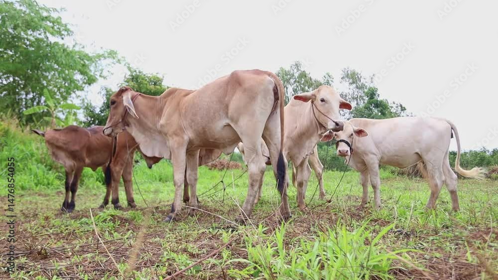 Herd of Cows Grazing in a Lush Green Pasture Under Open Sky Herd of Cows Grazing in a Lush Green Pasture Under Open Sky