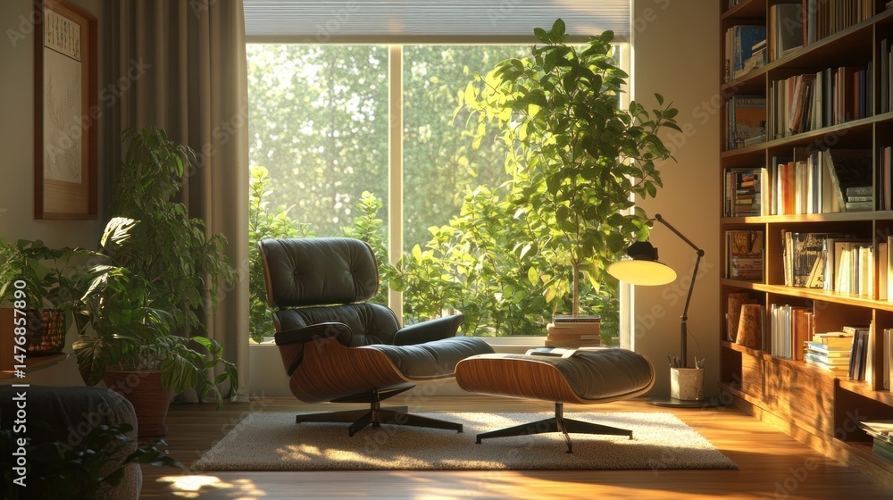 Fototapeta premium Cozy reading nook with sunlit view