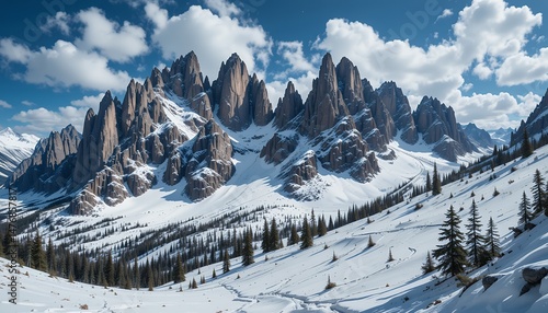 Majestic Dolomites Peaks: A Winter Wonderland Landscape of Snow-Covered Mountains