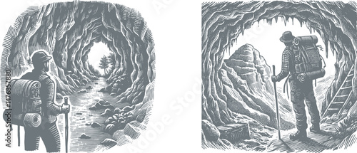 Woodcut Engraving Design of a Hiker Exploring a Cave Entrance – Nature Adventure Scene, Wilderness Landscape, Outdoor Explorer Art for Rustic Decor,  Cutting 