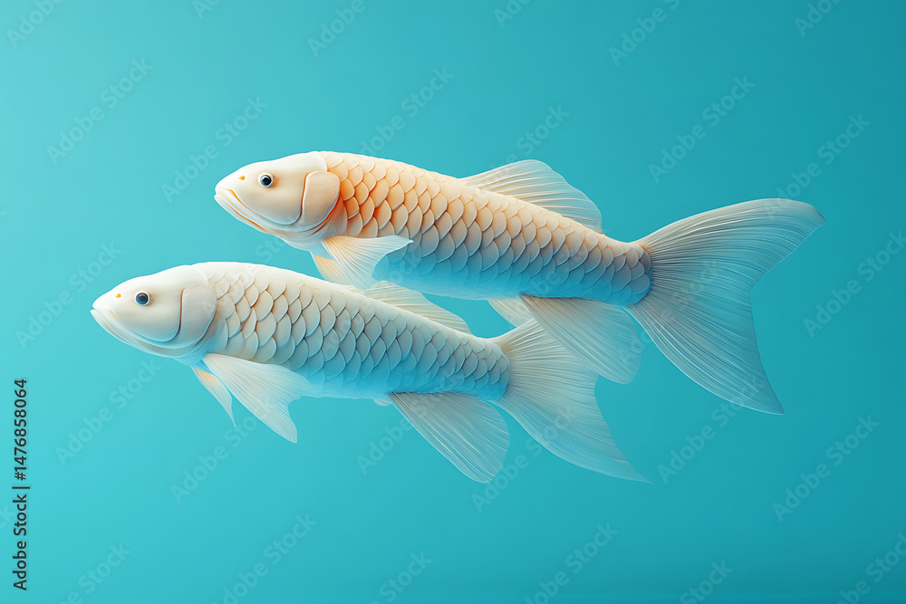 Two elegant koi fish swimming gracefully against a serene turquoise background, showcasing their vibrant colors Two elegant koi fish swimming gracefully against a serene turquoise background, showcasing their vibrant colors