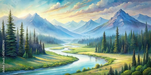Serene River Valley Landscape Featuring Majestic Mountains and Lush Evergreen Forests Under a Softly Lit Sky
