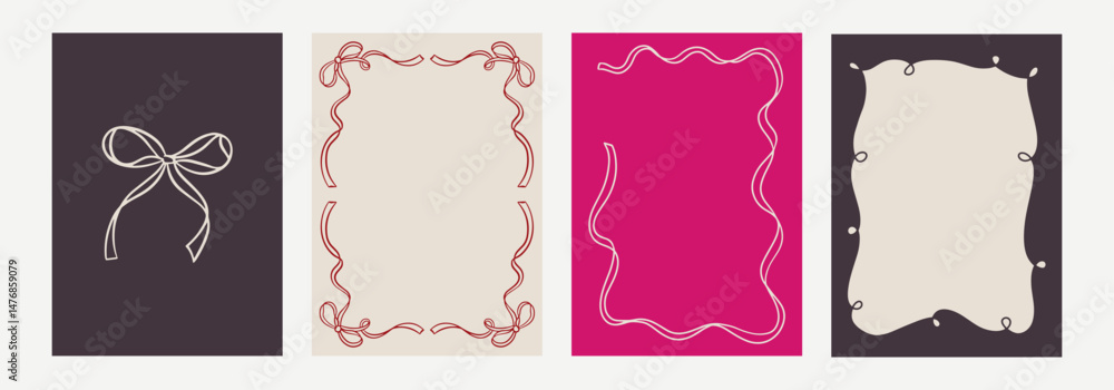 Set of elegant whimsical hand-drawn spring frames with wavy squiggle curly ribbons in trendy, vintage styles. Perfect for quirky holiday, wedding, bachelorette invitation Set of elegant whimsical hand-drawn spring frames with wavy squiggle curly ribbons in trendy, vintage styles. Perfect for quirky holiday, wedding, bachelorette invitation