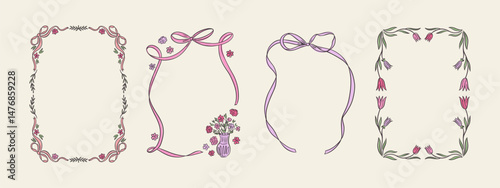 Set of spring whimsical hand-drawn pink blue orange green color frames with flowers and bows in trendy, vintage styles. Perfect for quirky holiday, wedding, birthday gift decorations.