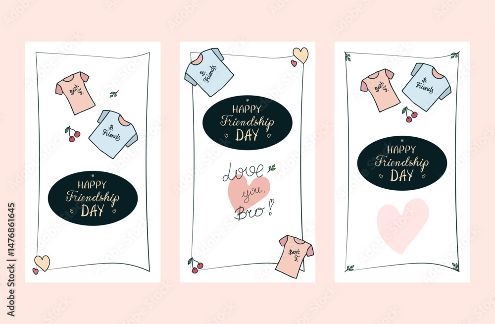 Fototapeta premium Set of hand drawn colorful Friendship Day posters, invitations, greeting cards, social media stories templates in various designs, cute doodle t shirts, hand written greetings, empty space