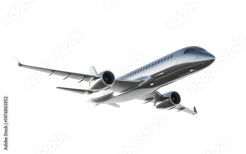 Silver modern airplane flying in the sky with clean white background, representing travel and aviation industry
