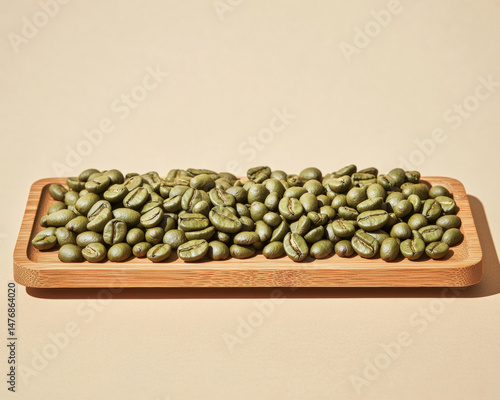Unroasted green coffee beans on bamboo tray.