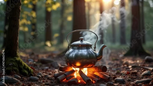 Kettle on the stove in the morning in the forest.