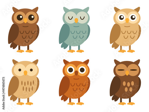Cute Cartoon Owl Set. Colorful Forest Birds with Big Eyes. Vector flat Illustration.