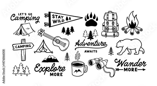 Camping and outdoor adventure vector set with gear, mountains, campfire, tents, trees, and quotes