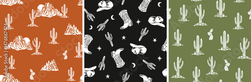 Set of three western seamless vector patterns. Desert landscapes, cowboy gear, and cactus. Western background.