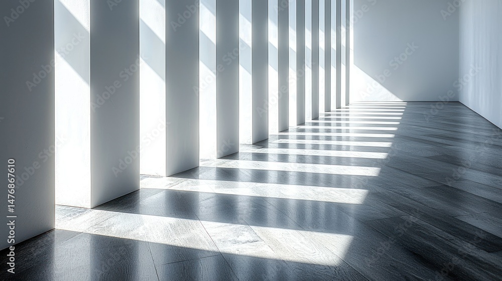 Obraz premium Sunlight streams through white pillars, casting shadows on a dark floor