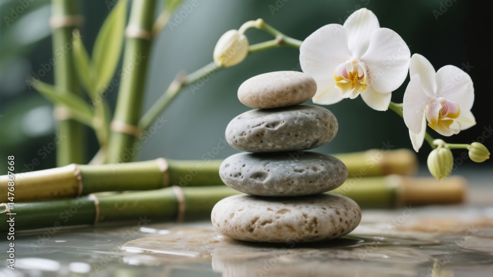 Fototapeta premium Zen Stones Stacked with Orchid and Bamboo on Water