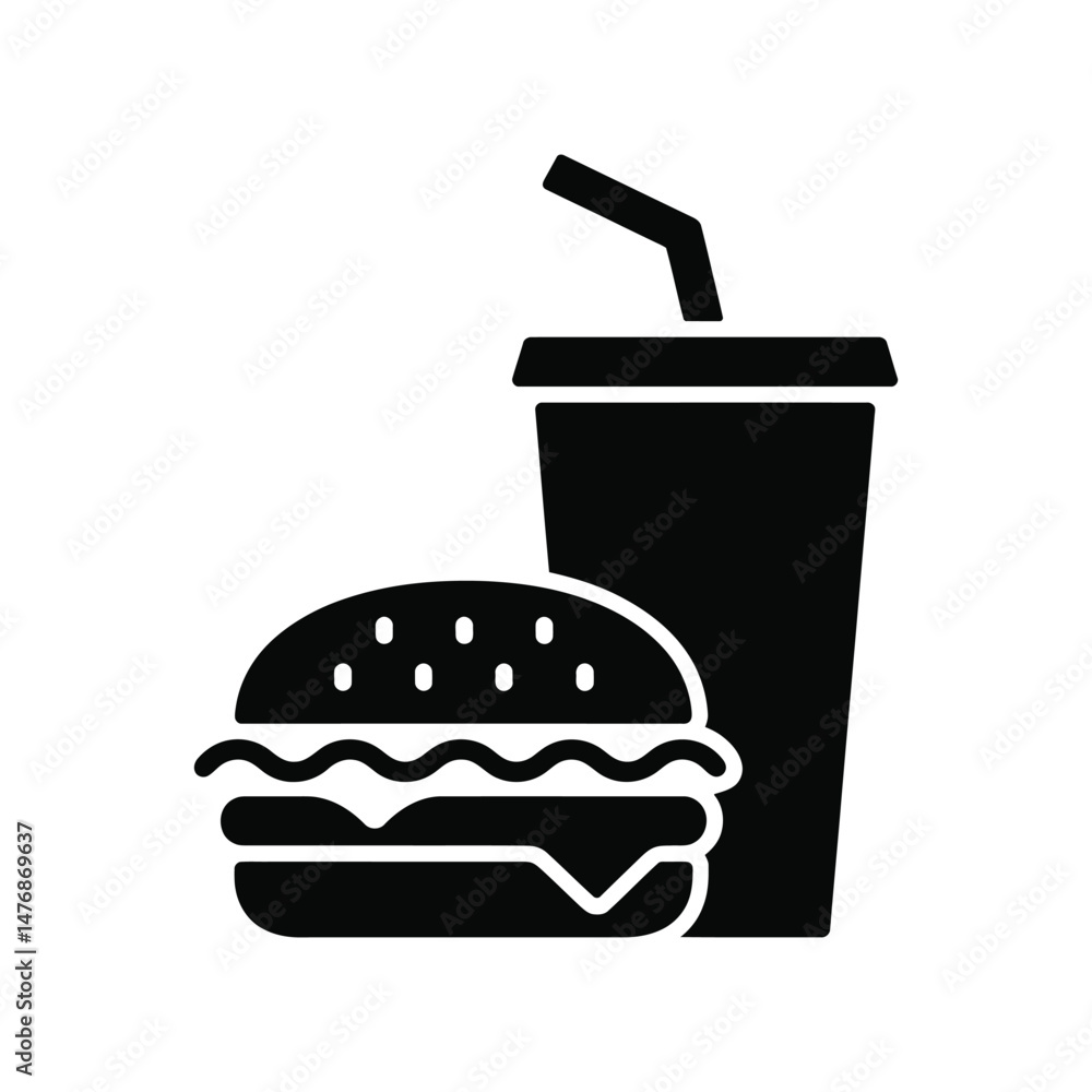 Black and white vector illustration of a delicious hamburger and a cold soda cup Black and white vector illustration of a delicious hamburger and a cold soda cup