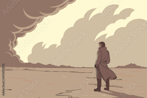 148 a man standing in a vast, desolate landscape with a massive dust storm swirling in the background, dramatic cloudy sky, sense of isolation and power of nature, cinematic, epic, 8k, highly detailed