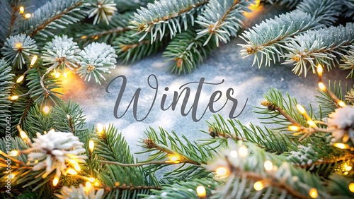 Festive Winter Scene with Snowy Fir Branches and Lights