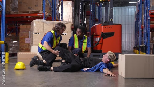 Industrial Warehouse Emergency Scene With Employees Providing Assistance To Injured Coworker