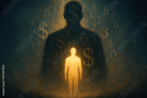 Glowing human silhouette stands within shadow surrounded by floating numbers and symbols. Generative AI
