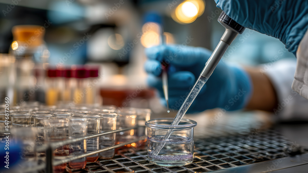 Fototapeta premium Scientist using pipette to transfer liquid to a vial in a laboratory setting, surrounded by other vials and lab equipment.