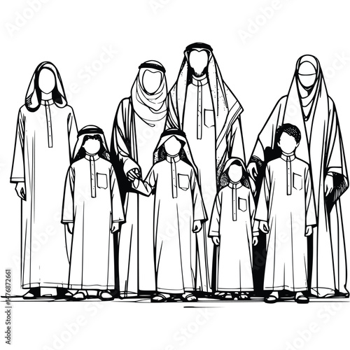 Line drawing portrays a traditional Arab family standing together in their classic cultural attire