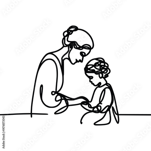 Continuous line art depicts a mother's loving care for her child on transparent background