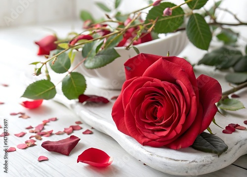 Stunning Red Rose with Petals on White Wooden Background