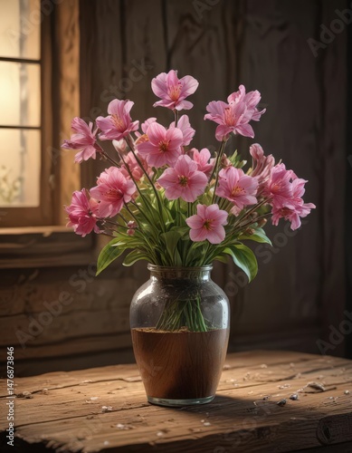 Wallpaper Mural Spring blooms in a vase, illuminated by a warm lamp, atop rustic wood ,  lamp,  interior design,  home decor Torontodigital.ca