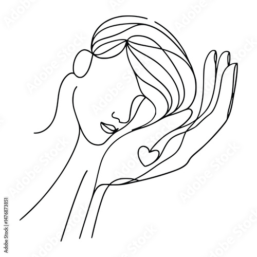 Linear outline shows the woman resting her face on an open hand with heart