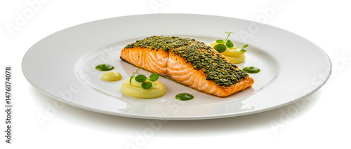 Delicious grilled salmon with herb crust served on white plate with elegant culinary presentation