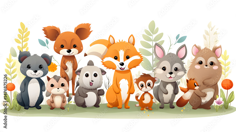 Collection of Cartoon Forest Animals Smiling Happily in a Group Illustration Collection of Cartoon Forest Animals Smiling Happily in a Group Illustration