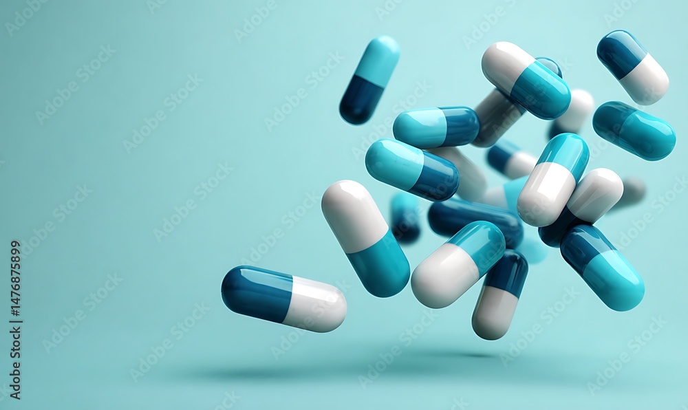Blue and White Capsules Floating on a Light Blue Background Pharmaceutical Medicine Healthcare Treatment Drugs Blue and White Capsules Floating on a Light Blue Background Pharmaceutical Medicine Healthcare Treatment Drugs