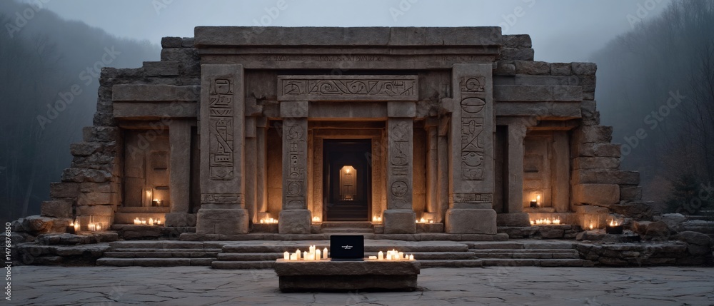 Obraz premium Ancient stone temple, lit by candlelight