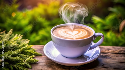 Beautiful Latte Coffee with Artistic Heart and Moon Steam