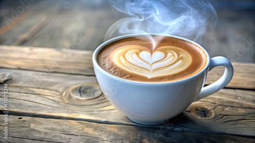 Steaming Latte Coffee with Heart Art and Dreamy Moon Steam
