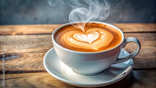 Warm Latte Coffee with Heart Art and Crescent Moon Steam
