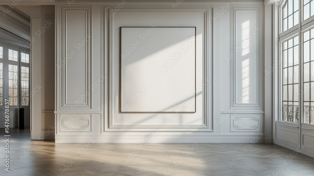 Fototapeta premium Elegant Modern Interior Design with Large Windows, Minimalist Decor, Indoor Plants, Natural Light, Stylish Seating, Unique Artwork, Bright Living Space, Contemporary Style, Home Decor Ideas