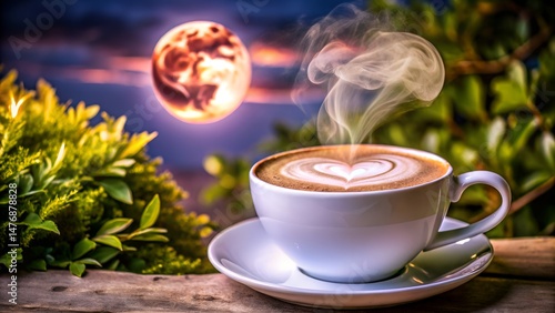 Artistic Coffee Photography Heart Latte Art with Moon Steam