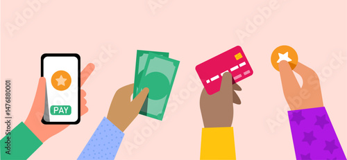 Hands showing different payment options cashless such ash cash, coin, smartphone pay illustration