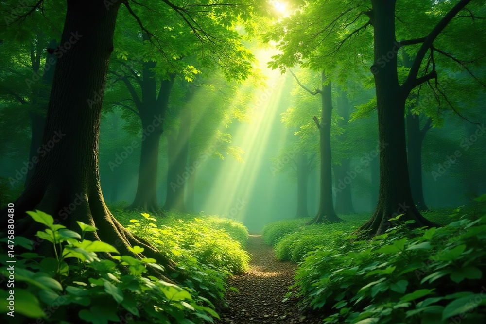 Obraz premium Lush green forest scene, dappled sunlight filtering through leaves , vista, nature