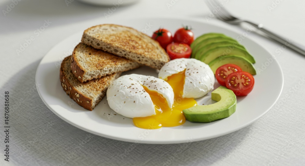 Poached eggs, toast, avocado, and cherry tomatoes Poached eggs, toast, avocado, and cherry tomatoes
