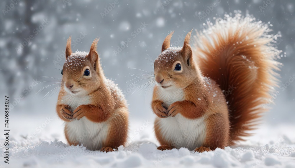 Tiny red squirrel sits amid snow, covered in delicate snowflakes , frozen, snowflakes, winter photography Tiny red squirrel sits amid snow, covered in delicate snowflakes , frozen, snowflakes, winter photography