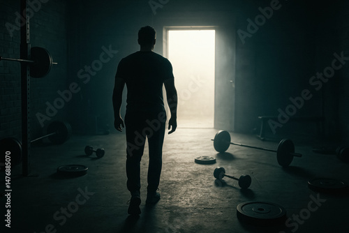 Man walks into gritty gym filled with weights, entering through glowing backlight. Generative AI