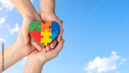 Wallpaper Mural _Autistic kid hands with multicolored puzzle heart supported by mother hands over blue. Torontodigital.ca