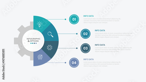 infographic 4 point stage template with gear shape on half circle vertical for slide presentation vector