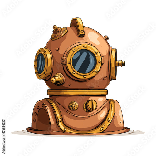 An old copper deep-sea diving helmet is illustrated with ornate details and shiny elements. It highlights the craftsmanship used in underwater exploration equipment.